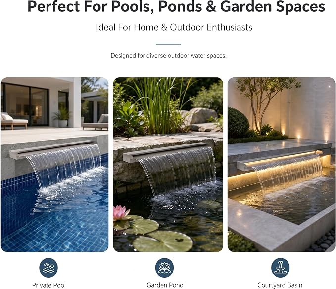 Stainless Steel Pool Fountain Waterfall Sheer Descent, 17.7" Inches Spillway for Swimming Pool, Outdoor Garden Pond, Patio & Backyard Water Feature Decoration(17.7")