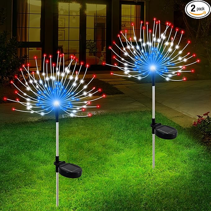 Slyuexu Solar Garden Lights Outdoor Waterproof, 2 Pack 120 LED Solar Firework Lights Decorative Garden Décor Outside for Flowerbed Pathway Party Christmas Decoration, Multicolor