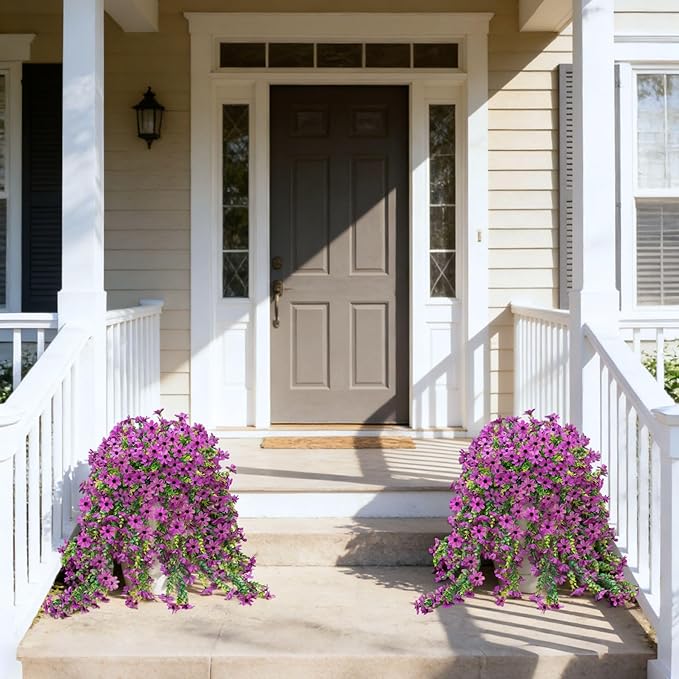 Fake Artificial Hanging Flowers for Outdoors Fake Plants Decoration, 2 Bundles Faux Silk Colorful Daisy Eucalyptus Realistic UV Resistant for Outside Home Planter Porch Patio Yard Decor(Purple)