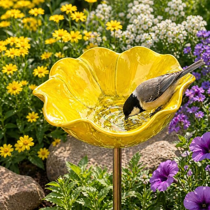 Handmade Metal Flower Garden Stake Metal, Decorative Bird Bath and Bee Watering Station with Flower Design for Outdoor Yard Garden Decor (Yellow)
