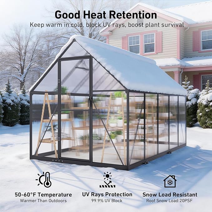 6x10FT Greenhouse for Outdoors with Hygrometer, Polycarbonate Green House with UV Protection, Heavy Duty Greenhouse with Windproof Aluminum Frame, Roof Vent & Quick-Install Design