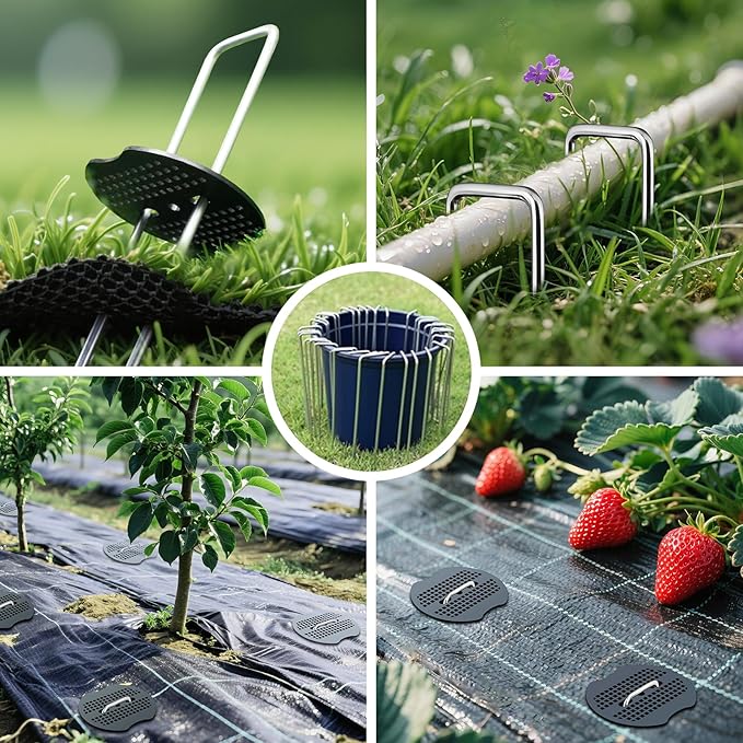 6 Inch Landscape Fabric Staples, 50Pcs Garden Stakes Galvanized +50Pcs Gasket +Pick Hook +Rubber Mallet, U Shaped Weed Barrier Stakes 11 Gauge Lawn Staples Landscape Pins for Yard, Sod, Weed Mat