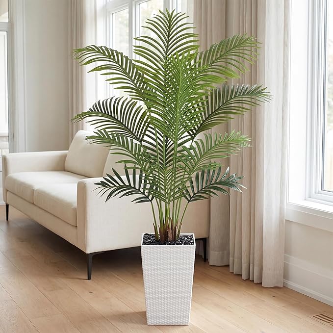 5ft Artificial Palm Tree with White Planter - Tall Fake Palm Tree Indoor Fake Tropical Plant for Home Office Living Room Bedroom Modern Decor