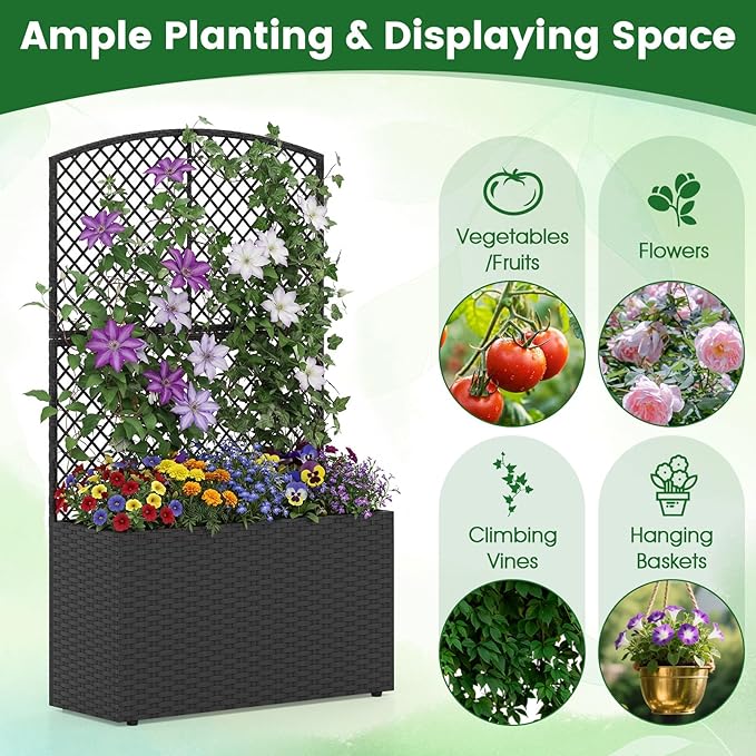 HAPPYGRILL Raised Garden Bed with Trellis, 49" Wicker Planter Box w/Privacy Screen, Liner, Drainage for Patio Balcony, Outdoor PE Rattan Elevated Garden Bed for Climbing Plant Vine Flower (Black,2)