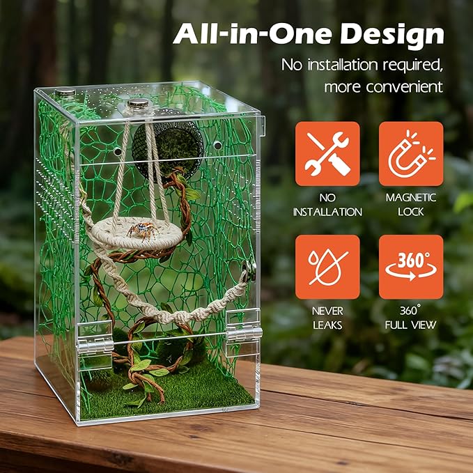 AZV Large Jumping Spider Enclosure Kit,Escape Proof Praying Mantis Habitat,Magnetic Door Arboreal Tarantula Spider Box,Complete Transparent Acrylic Beetle Terrarium,Insect Cage Bug Starter Container
