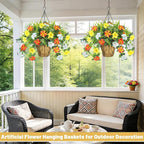 2 Pack Artificial Flowers Hanging Baskets for Outdoors, 10 PCS UV Resistant Faux Outdoor Plants, Fake Petunias Silk Flowers for Garden Balcony Yard Porch Decor (Yellow Orange White)
