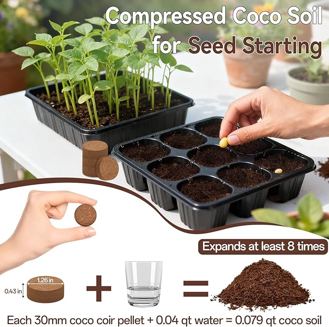 Halatool 200 Pcs Coco Coir Seed Starter Pellets, Seed Starting Soil Pellets for Potting Mix, Cat Grass Soil, Compressed Coconut Dirt Pods for Indoor Outdoor Plants Vegetables Fruits Flowers