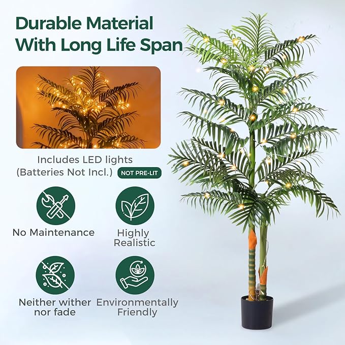 5FT Artificial Palm Tree Tall Plant with Planter & Moss, Realistic 2-Trunk Artificial Tree with Lights, Lifelike Leaves Fake Palm Tree, Low Maintenance Palm Tree Decor for Home Office Living Room