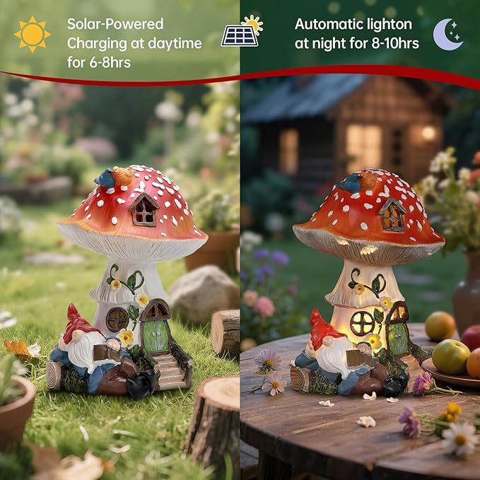 Solar Mushroom Statue Outdoor Decor,Gnome Reading Under Mushroom Figurine with LED Light, Fairy Garden Patio Lawn Yard Decor Mother's Day Housewarming Gifts for Women Mom Grandma