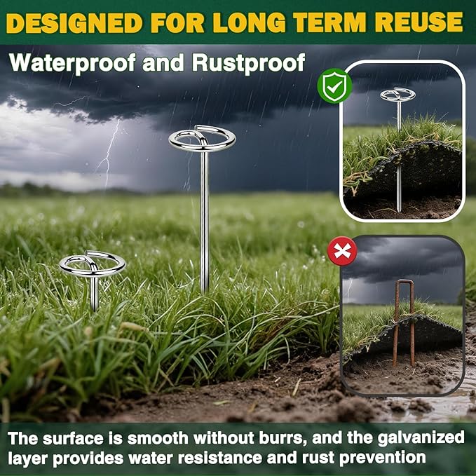 150 PCS Landscape Fabric Staples Pins,Thickened 8 Gauge Circle Top Landscape Fabric Stakes, 6 inch Galvanized Weed Barrier Stakes Pins with Removal Tool, Garden Staples for Weed Barrier Fabric