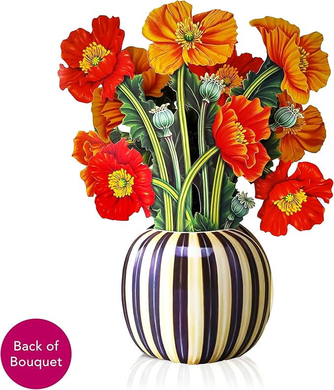 Freshcut Paper Pop Up Cards, French Poppies, 12 Inch Life Sized Forever Flower Bouquet 3D Popup Greeting Card, Birthday Cards, Thank You Card, Blank Notecard & Envelope