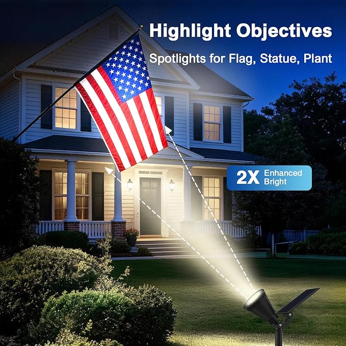 Solar Lights Outdoor Waterproof IP65,6500K Super Bright LED,2 Lighting Modes, Solar Powered Yard Garden Solar Spot Lights for Flag Landscape Auto On/Off-2 Pack