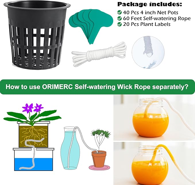 ORIMERC 40 Pack Net Pots 4 inch Net Cups Pots for Hydroponics Supplies with 60 feet Self Watering Wick for Aquaponics Buckets Insert Orchid kratky Vegetable Gardening Grow Netted Baskets Slotted Mesh