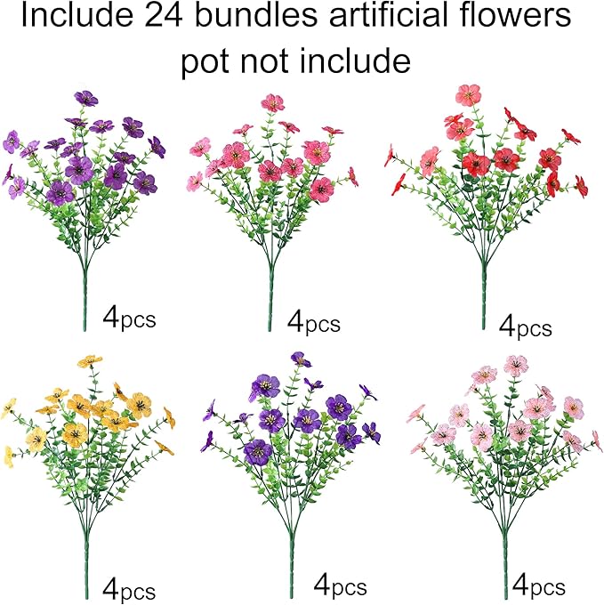 Ivydale Artificial Flowers for Outdoor 24 Bundles Fake Mums with Eucalyptus Leaves UV Resistant Silk Faux Daisy Flower Plant for Outside Home Porch Patio Window Box, 6 Color Mixed