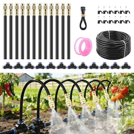 Automatic Drip Irrigation Kits - Garden Watering System with 360° Bendable Spray Adjustable Copper Atomizing Nozzles for Yard, Lawn, Raised Bed, Greenhouse, Potted Plants (15 Nozzles, 50FT Hose)