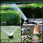 RESTMO Multi-Angle Garden Hose Nozzle with Sprinkler Function, Heavy Duty Water Hose Nozzle with 4 Spray Patterns, Magic Twist and Thumb Flow Control for Garden Watering, Car Washing & Yard, Green