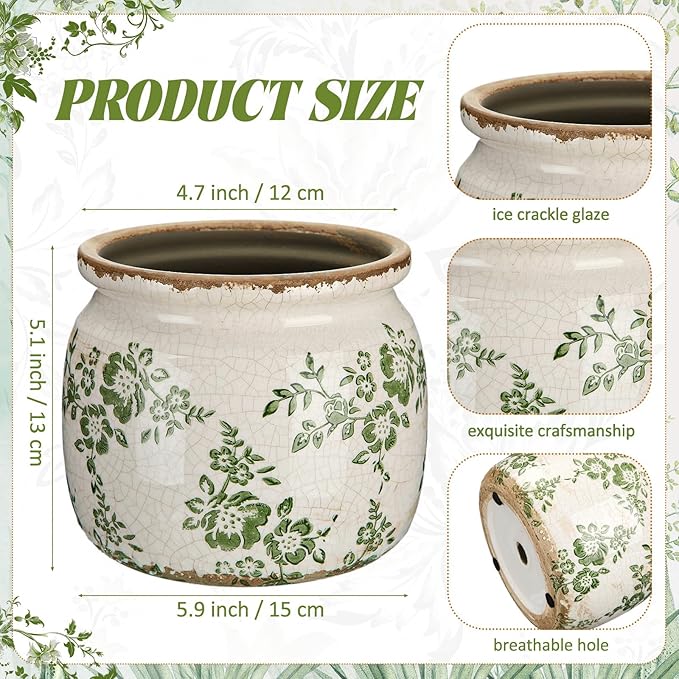 Vintage Planter Large Ceramic Plants Pot Green Beige Vintage Ditsy Ice Crack Cottage Scroll Vase Flower Vase Pot Indoor Plants Home Kitchen Decor Farmhouse Antique Decorative Gifts