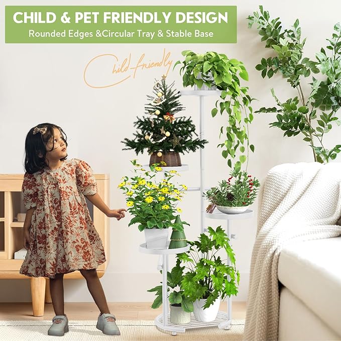 TOSKING 5-Tier Metal Plant Stand, Anti-Tip Round Base for Pots, Child & Pet Friendly, Space Saving Corner Shelf Flower Pot for Indoor Outdoor Use, Living Room Balcony Patio Garden (White, 38in)