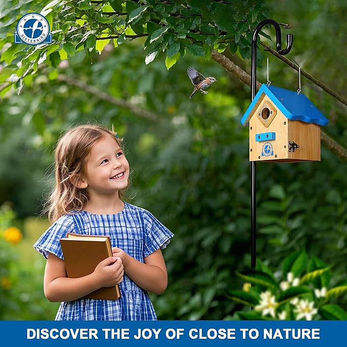 SISTERBIRD Wren Bird House for Outside, Premium Wooden Wren Bird Houses, Hanging Chickadee Bird House, Weatherproof Garden Decor Birdhouses for Outdoors, Blue Color Roof Bird Nesting Titmouse