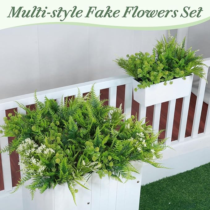 24 Bundles 6 Styles Artificial Plants Flowers for Outdoors Spring Summer Decor, UV Resistant No Fade Faux Plants Plastic Greenery Shrubs, Fake Fern Lavender Boxwood for Gardens Porch Yards Home Decor