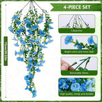 4-Pack Fake Hanging Plants, Faux Hanging Plant Artificial Greenery for Living Room Bedroom Boho Wall Shelf Indoor Outdoor Decor (Blue Morning Glory)