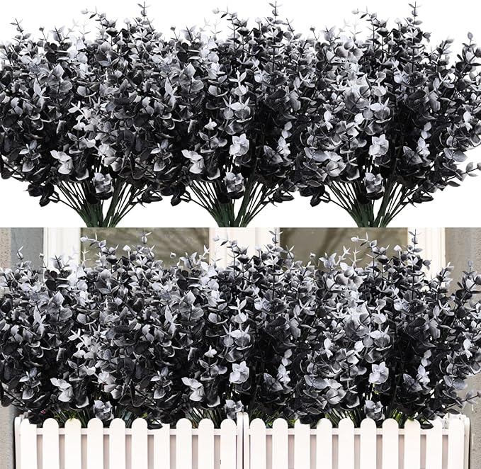RECUTMS Black Artificial Flowers, 12 Pcs Fake Outdoor UV Resistant Plants Faux Plastic Greenery Shrubs Indoor Outside Hanging Planter Flower Decoration, Garden Decor (Black+White Eucalyptus)