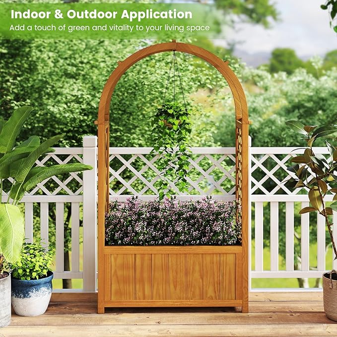 Giantex Set of 2 Raised Garden Bed with Arch Lattice Trellis, for Climbing Vine Flower Vegetable, Wood Planter Box with Liner & Drainage Design, Outdoor Plant Container for Yard Balcony (33"x15"x57")