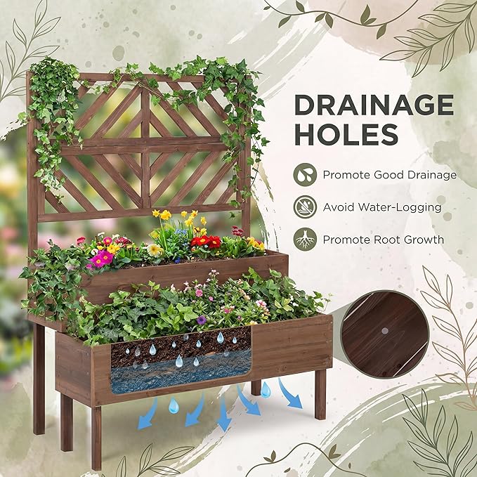 Giantex Raised Garden Bed with Trellis, 2-Tier Standing Planter Box with Legs and Drain Holes, Outdoor Elevated Garden Trellis for Vine Climbing, Flower Vegetable Fruit Herb Growing, Coffee Brown