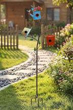 3-in-1 Bird House with Pole for Outside, Multi-Colored Metal Bird Houses for Outside, Durable Colorful Birdhouse on Stake for Bluebirds, Squirrel Proof with Easy-Clean Rear Doors, Garden Decor