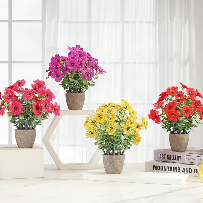 4 Pack Small Fake Plants Potted Artificial Plants Artificial Flowers Potted Faux Flower Daisy with Eucalyptus Leaves for Home Decor Office Room Farmhouse Indoor Table Bathroom Decor （Mixed）