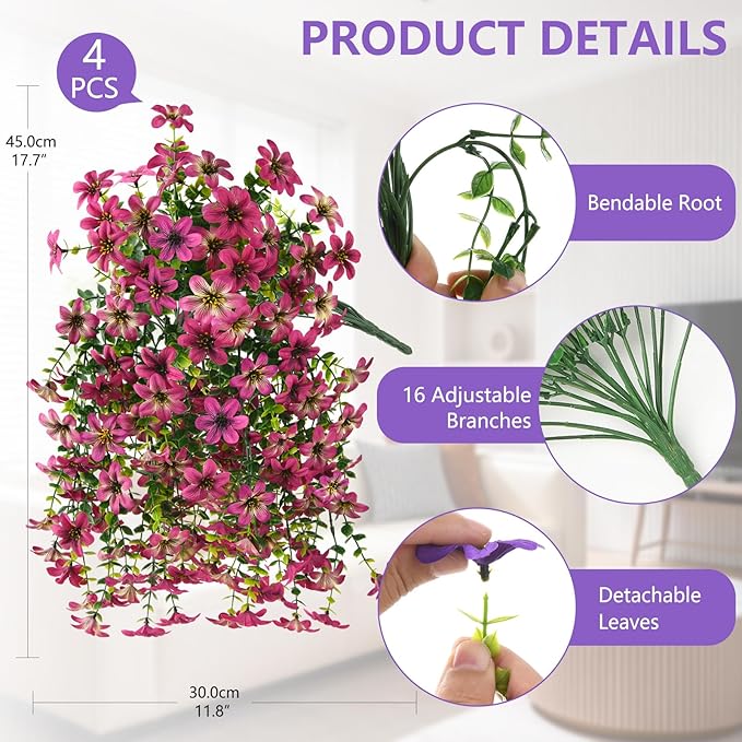Artificial Hanging Baskets Outdoor, 4 Bundles Artificial Hanging Flowers Outdoors Spring Summer Decoration, No Fade Realistic Fake Hanging Baskets for Porch Patio Balcony Home Yard Decor