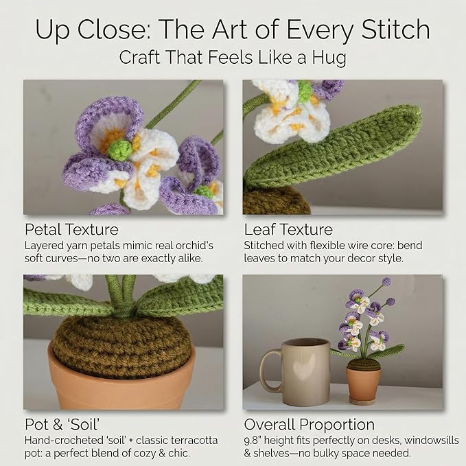 Handmade Crochet Orchid Potted Plants, Knitted Artificial Forever Flowers with Exquisite Pot, for Friends, Women, and Kids, Ideal for Home Decorations and Office Desks Wooden