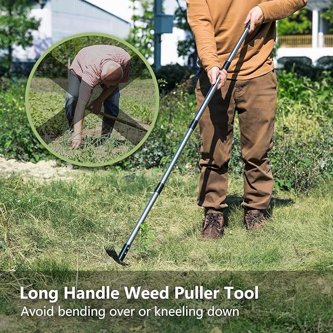 Mitclear Weed Puller Tool with Long Handle(58IN), 2-in-1 Gardening Hand Tools Weeds Remover, Weeder Rake & Garden Hoe Combo, Manual Weeding Puller Tool for Garden Yard Patio Lawn