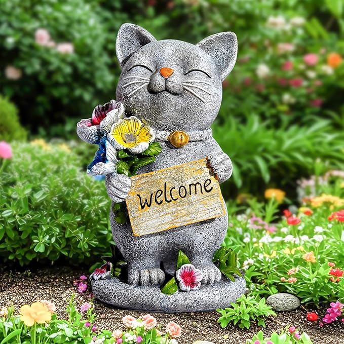 Garden Outdoor Statues Solar Cat Outside Statue Garden Decor for Yard Patio Porch Home Lawn Balcony, Gifts for Grandma Mother Women