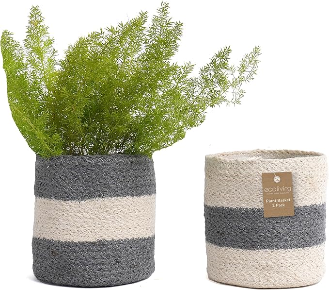 Jute Planter Basket-Woven Jute Rope Covers for Decorating Indoor/Outdoor Succulents, Small Plant Pots-Set of 2-Multi-Purpose Storage Bins 6.5 Inches - Modern Style Décor - Gray & White