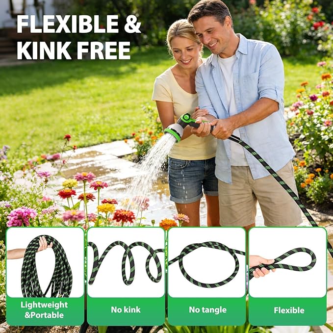 Garden Hose 50 ft Water Hose Flexible Non-Expandable Outdoor Heavy Duty Lightweight Leakproof Kink-free flex Watering Hose Pipe with Nozzl for 3/4 inch Fitting Yard Lawn Outside Car Wash