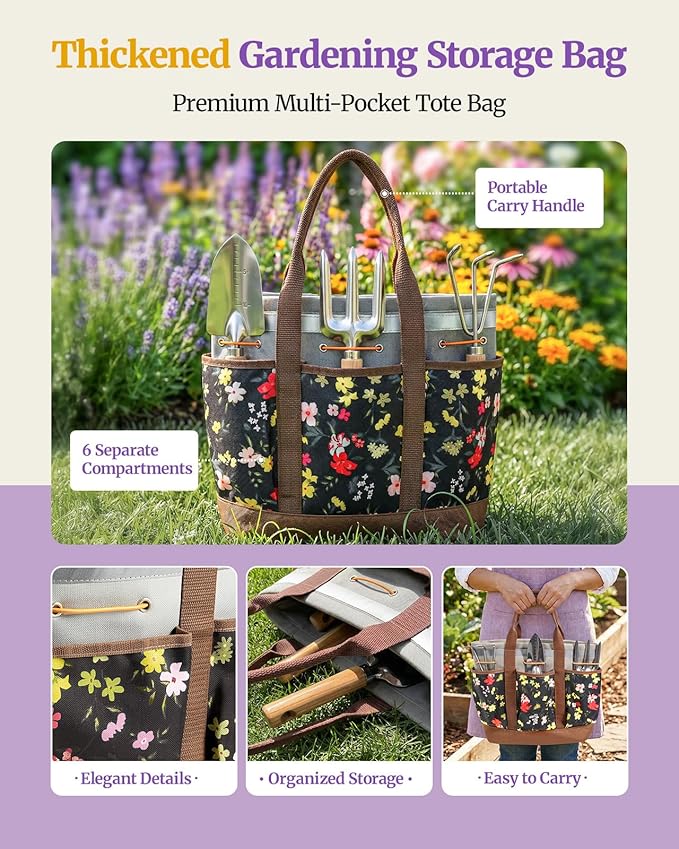 10-Piece Garden Tool Set with Reinforced Organizer Handbag, Heavy-Duty Stainless Steel Gardening Tools with Premium Ergonomic Wood Handles, Professional Rust-Proof Gardening Gift Set for Women, Mother