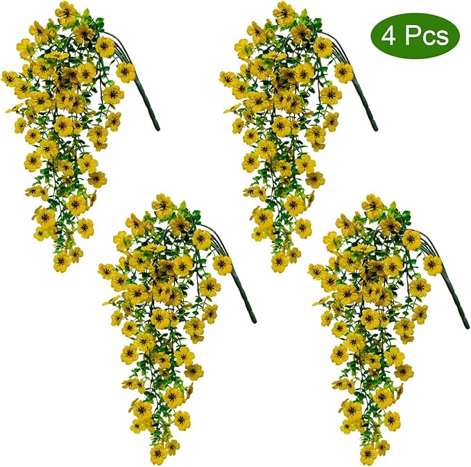 4 Pcs Fake Outdoor Artificial Flowers For Outdoors Uv Resistant, Plastic Flowers For Outdoors, Fake Hanging Plants Faux Flowers For Outdoor Planters, Silk Spring Flowers For Outside Porch（Yellow）
