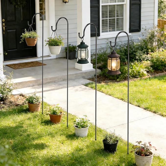 GOFORWILD Shepherd’s Hooks 6 Pack Black, 65 inches Tall, Adjustable Garden Hook for Outdoor, Hanging Plant, Solar Lights, Lanterns, Bird Feeders, Garden Stake and Wedding Decor, 7015-3