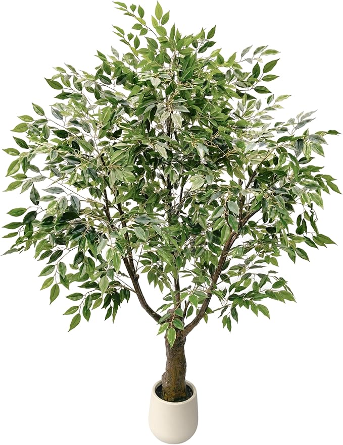Ficus Tree Artificial 6FT, Artificial Indoor Plants with White Pot Lifelike Branches and Realistic Leaves,Perfect for House Living Room Office Garden Gate Outdoor