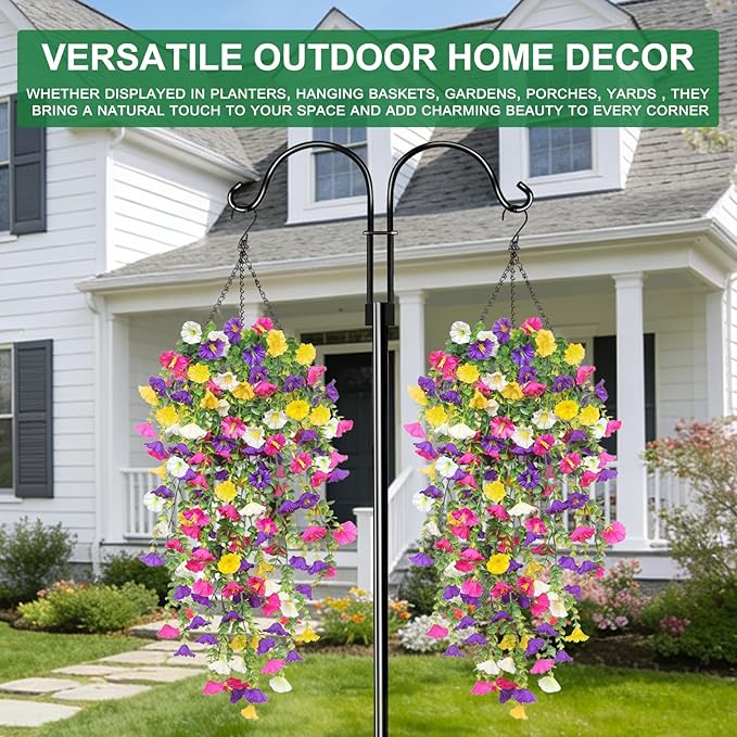 4PCS Artificial Hanging Flowers for Outdoors Summer Decoration, Fake Hanging Plants Faux Petunias with Eucalyptus, UV Resistant No Fade Plastic Realistic Silk Flowers for Porch Patio Balcony Indoor