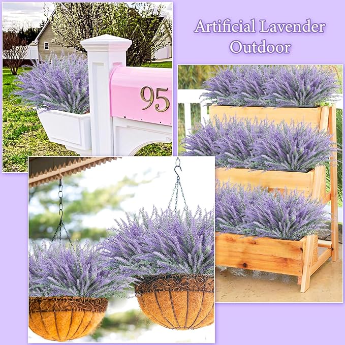obbsie 30 Bundles Artificial Lavender Outdoor, 14.5" UV Resistant Faux Plants Outdoor Greenery Stems No Fade Plastic Fake Flowers for Window Garden Office Patio Porch Decor