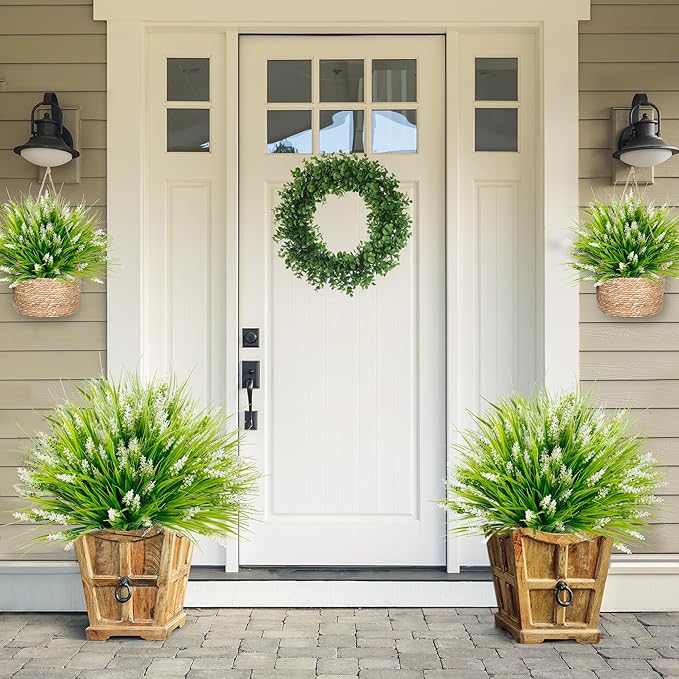Sggvecsy 24 Bundles Artificial Plants Outdoor Faux Lavender Flowers Fake Monkey Grass UV Resistant Plastic Greenery Plants for Garden Home Porch Window Patio Hanging Planter Indoor Decor (White)