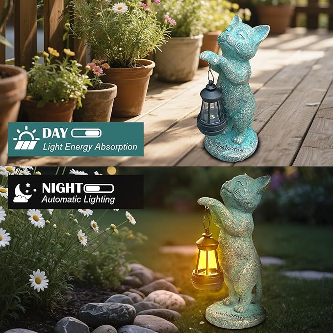Outdoor Garden Cat Statues Decor - Birthday Gifts for Women Resin Cat Figurines with Solar Lantern for Yard Art Lawn Ornaments Porch Patio Balcony - Gifts for Grandma Mom Wife