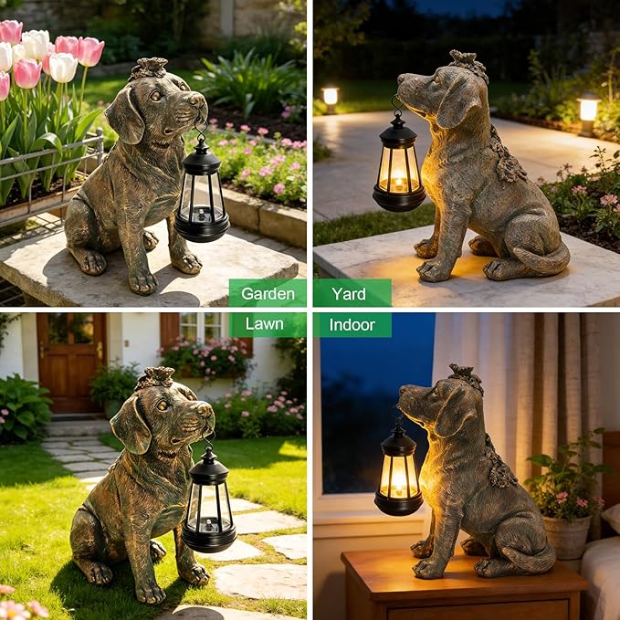 Solar Garden Statue Dog Figurine Decor with Lantern Lights, 11 Inch Outdoor Decoration Solar Dog Sculptures for Outside Patio Lawn Balcony Yard Ornament, Dogs Lover Gifts for Women Mom Mother's Day