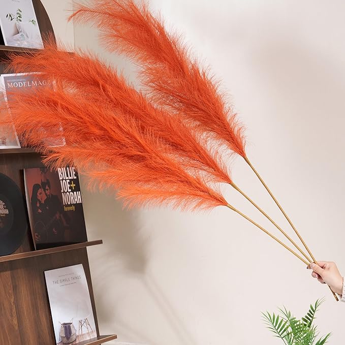 Premium Faux Orange Pampas Grass – 55" Tall Ultra-Fluffy 24-Branch One-Piece Stems No Assembly, Luxury Silk-Feel Feather Flowers for Fall Autumn Boho Home Decor (Tangerine, 8 Stems 140cm)
