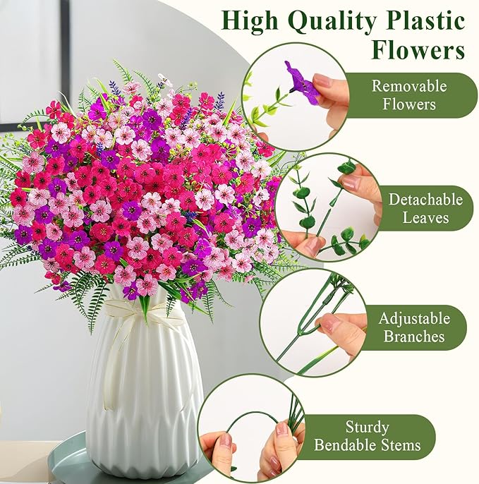 Alupssuc 24 Bundles Artificial Flowers for Outdoors Spring Decoration, UV Resistant Eucalyptus Violet and Lavender Silk Fake Plants for Outside Indoor Yard Home Patio Decor, Rose Purple Pink