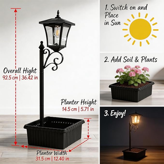 Solar Floor Lamps with Planter (2-in-1 Design), 36.5" Outdoor Solar Lamp Post - IP44 Waterproof, Warm White Lights Dusk to Dawn 6-8Hr, Easy Install for Lawn, Patio, Porch, Yard & Pathway Decor