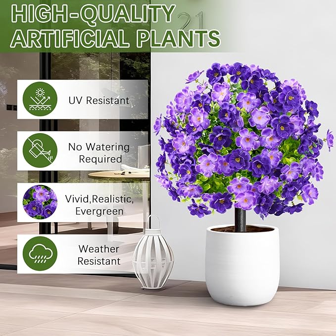 Waipfaru Set of 2 Artificial Boxwood Topiary with Colorful Flowers, 23" UV Resistant Fake Bushes Faux Outdoor Plants, Artificial Shrubs with Ground Spike for Outdoor Garden Front Porch(Purple)