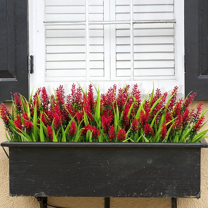 Bassion 24 Bundles Artificial Flowers for Outdoors, Fake Lavender Flowers with Monkey Grass UV Resistant Plastic Faux Plants for Outside Hanging Planter Window Box Garden Patio Front Porch Home Decor